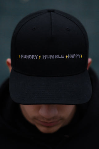HUNGRY HUMBLE HAPPY 5 PANEL SNAPBACK - BLACK/GREY/GOLD