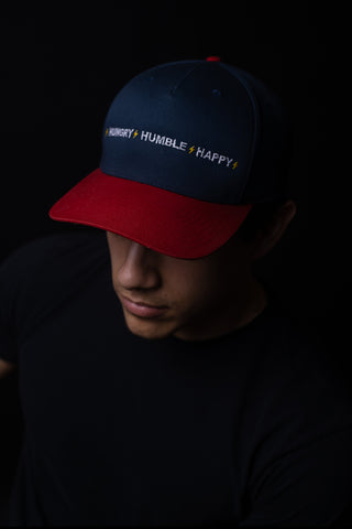 HUNGRY HUMBLE HAPPY 5 PANEL SNAPBACK - RED/BLUE/WHITE/GOLD